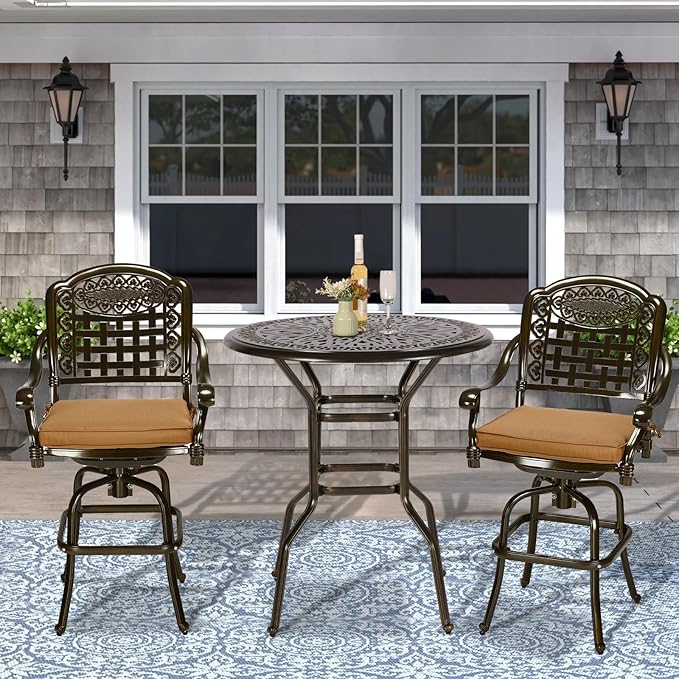 VIVIJASON 3-Piece Patio Swivel Bar Stools Set, All Weather Outdoor Cast Aluminum Bar Height Bistro Set with 2 Cushioned Bar Chairs & 35.4" High Bar Table w/Umbrella Hole for Backyard, Lawn, Garden