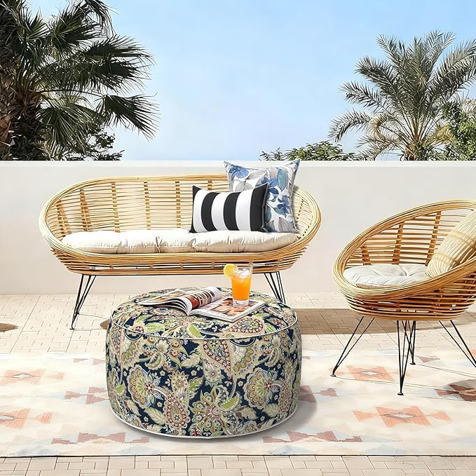 LVTXIII Outdoor Inflatable Ottoman, Fade-Resistant Round Footrest Stool D31”x H14”, Portable Patio Pouf for Garden Camping or Home Use, Paisley Sapphire Blue