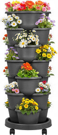VECELO 7 Tier Vertical Garden Planter, Self Watering Stackable Planters with Wheels for Strawberries, Herbs, Flowers, Vegetables, Dark Gray