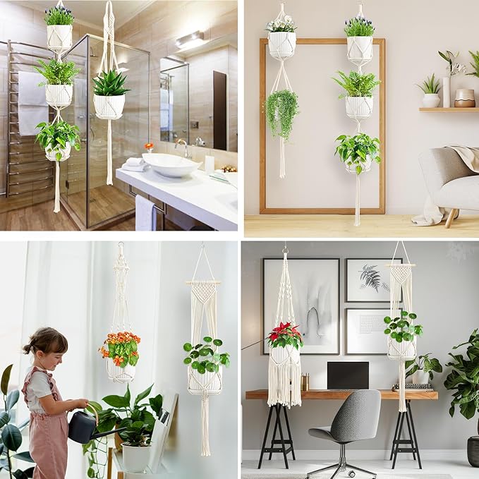 Macrame Plant Hangers, 6Pack Hanging Plant Holders Indoor w/ 6 Set Hooks Handmade Cotton Rope Plant Hangers Set Flower Pots Holder Stand Boho Home Decor Hanging Planters for Indoor Outdoor Plants