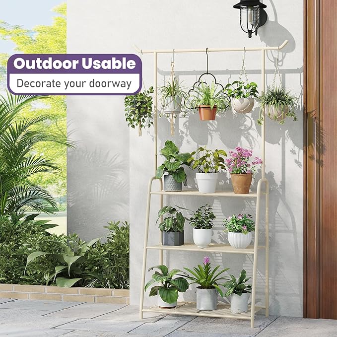Metal Plant Stand Indoor Outdoor, 3 Tier Tall Corner Plant Shelf, Hanging Flower Ladder for Living Room, Balcony, Garden, Patio (White)