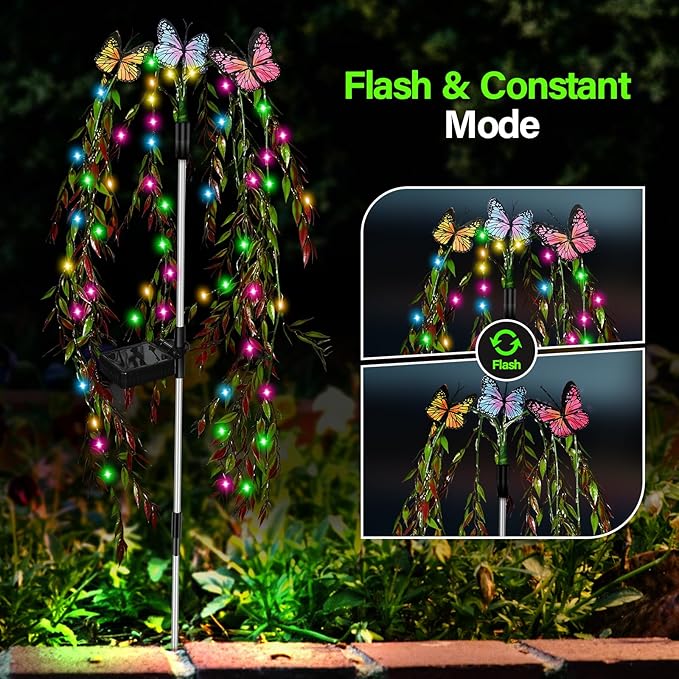 Solar Garden Lights Outdoor Decorative Waterproof, 69LED Swaying Tree Solar Lights for Outside, Butterfly Flower Lights Solar Power Yard Decor for Pathway Patio Lawn Grave Decorations