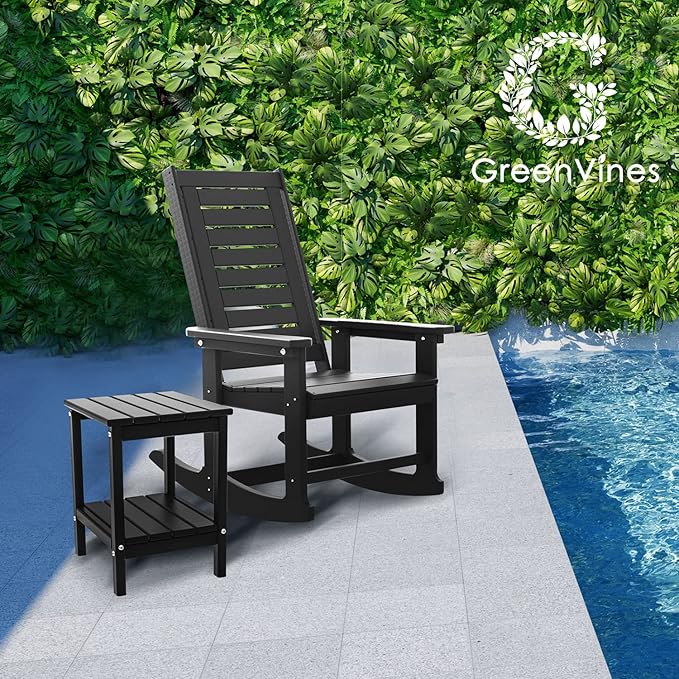 GREENVINES Outdoor Rocking Chair Set | 3-Piece | 2 Rocking Chairs with 1 Side Table | Porch Rocker | HDPE Plastic | Black | Patio Furniture Sets | High Back | Big & Tall | Ladder Back