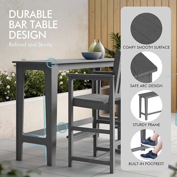 Ciokea 3 Pcs Outdoor Bar Height Table Set, 60" Extra Long Rectangle High Top Table and 2 Oversized Adirondack Chairs Set, Heavy-Duty All-Weather HDPE Patio Bar Set for Backyard Balcony Deck,Grey