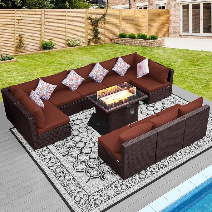 NICESOUL 11 Piece Modern Outdoor Patio Furniture Set with Firepit Propane/Natural Gas, 29.3'' High Back Wicker Conversations, 10 Seater Large Wide Sectional for Outside, Brown Rattan and Red Cushion