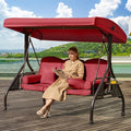 3 in 1 Outdoor Porch Swing with Adjustable Canopy, 3 Seat Outdoor Swing for Adults, Patio Swing Chair with Thickened Cushions,Pillows & Cup Holders for Backyard, Porch, Garden (Wine Red)