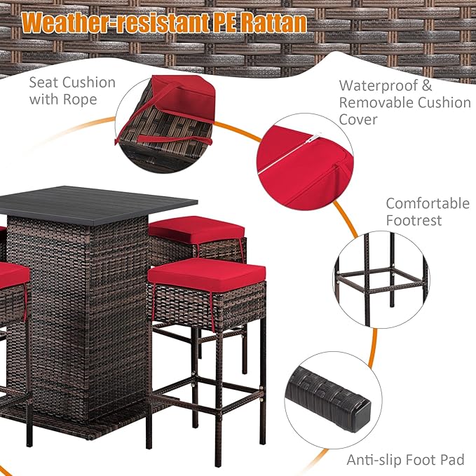 Tangkula 5 Piece Outdoor Rattan Bar Set, Patio Bar Furniture with 4 Cushions Stools and Smooth Top Table with Hidden Storage Shelf, Outdoor Conversation Set for Poolside, Backyard, Lawn (Red)
