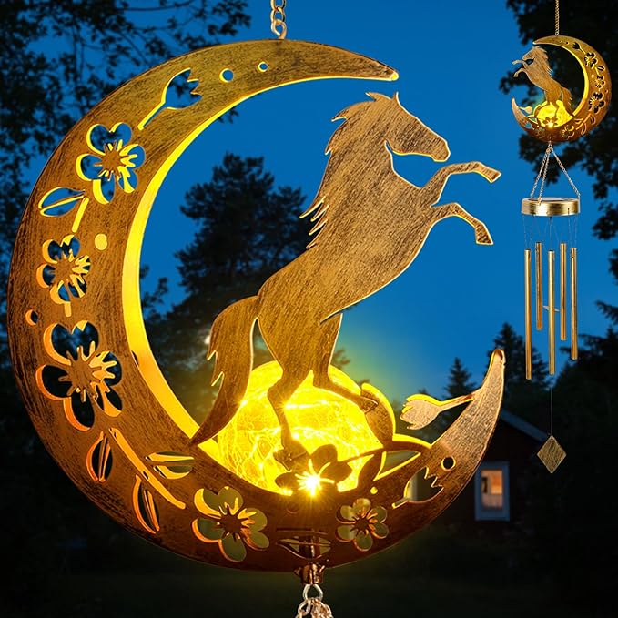 Moon Horsebird Wind Chime Outdoor, Handcrafted Metal Garden Wind Chimes with Horse & Bird Charms, Melodic Wind Bells for Patio Porch Decor, Weatherproof Gift for Equestrian & Nature Lovers