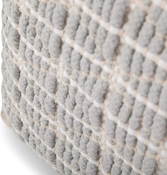 SIMPLIHOME Noreen Square Pouf - 18 inch Wide Upholstered Handwoven Cotton Ottoman in Light Blue and White, Boho Footstool or Extra Seating for Living Room with Polystyrene Filling, Assembled