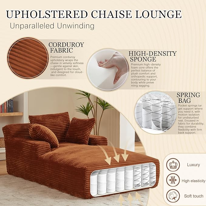 80 Inch Chaise Lounge Chair Indoor, Oversized Corduroy Upholstered Boneless Sofa Bed, Deep Seat Sleeper Couch Reading Chairs, Cloud Sofas Couches for Living Room, No Assembly Required (Brown)