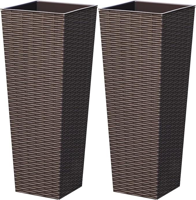 Greesum 24 Inch Tall Plastic Planters (Set of 2), Detachable Inner Pot & Drainage Holes, Outdoor Decorative Flower Pots for Large Plants, Trees, Patio, and Garden, Brown