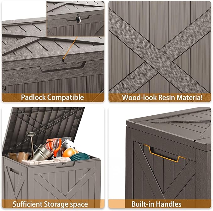 32 Gallon Outdoor Deck Box, Lockable Waterproof Outdoor Storage Boxes For Garden Tools,Indoor Cushions,Accessories Outside Storage Resin Weatherproof Container(Grey)