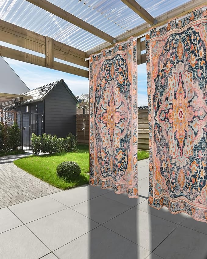 Rustic Boho Outdoor Curtains for Patio Waterproof, Grommet Privacy Curtain Drapes Weatherproof Outside Curtains for Porch GazeboPergola Cabana 2 Panel 54x84inch Ethnic Turkish Floral Geometric