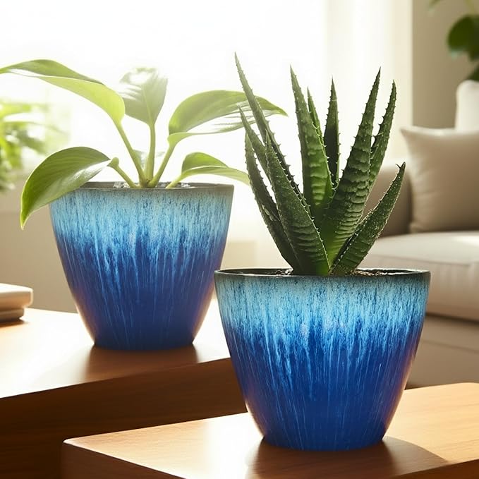 Pack of 2 Flower Pots, Plastic Plant Pots with Drainage Holes, 8 inch Modern Glossy Finishing Planter for Indoor Outdoor Plants (Blue Glaze, 2 Pack)