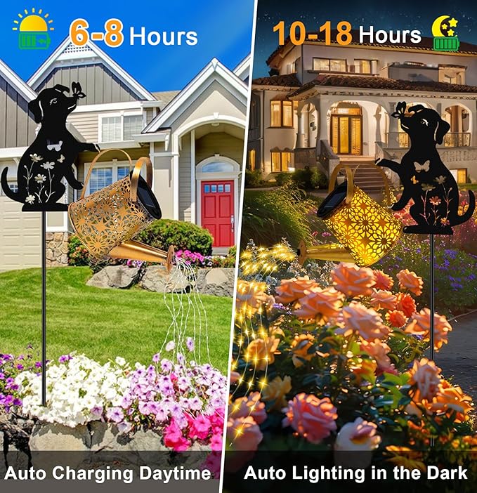 Solar Lights Outdoor Decorative, Watering Can with Cascading Lights, with Dog Silhouette Garden Stakes, Gifts for Mom Women, Waterproof Metal Garden Decor for Yard Art, Outside(1 Pack)
