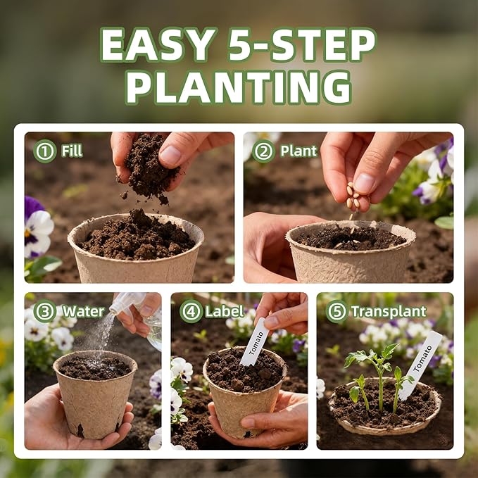 70Pcs Biodegradable 4” Peat Pots with 70Pcs Plant Labels, Biodegradable Seed Starter Pots with Drainage Holes, Nursery Pots for Seedlings, Herbs, Vegetables, Flowers, Gardening Kit