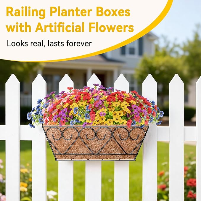 ZeeDix 16 Inch Artificial Flowers Hanging Railing Window Planter Box, 12 Pcs UV Resistant Fake Look Real Flowers with Heart-Shaped Deck Railing Planter Boxes for Porch Patio Balcony Garden Home Decor