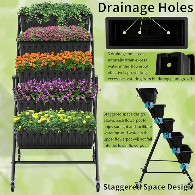 Homdox 4FT Vertical Garden Bed, 5 Tiers Raised Garden Planter, 25.6 * 26 * 48Inch with 4 Hooks & 4 Wheels, Vegetable Flower Stand for Garden Patio Yard, Black