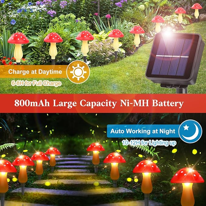 Mushroom Solar Lights Outdoor Waterproof, Whimsical and Cute Solar Mushrooms Stake Lights for Outside with 8 Lights and 8 Modes for Fariy Garden Yard Lawn Path Planter Flower Bed Decor (Red)