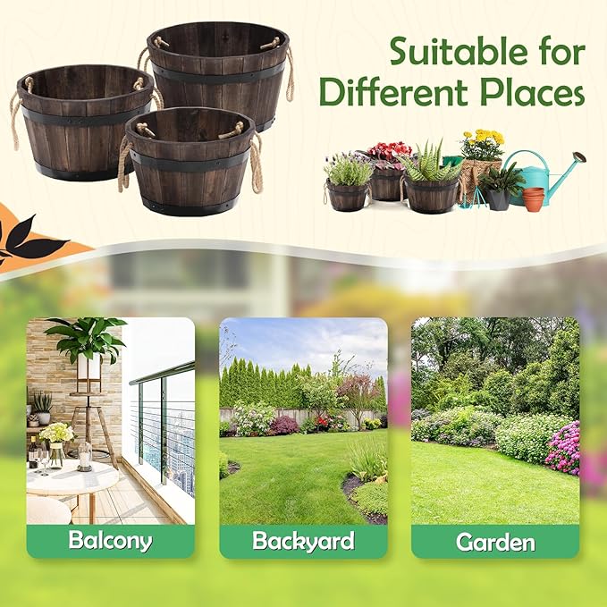 Set of 3 Wooden Flower Boxes Outdoor, Durable Acacia Wood Barrel Planters for Outdoor Plants with Ergonomic Handles, Drainage Holes, Multiple Sizes Wood Bucket Planter for Home Décor