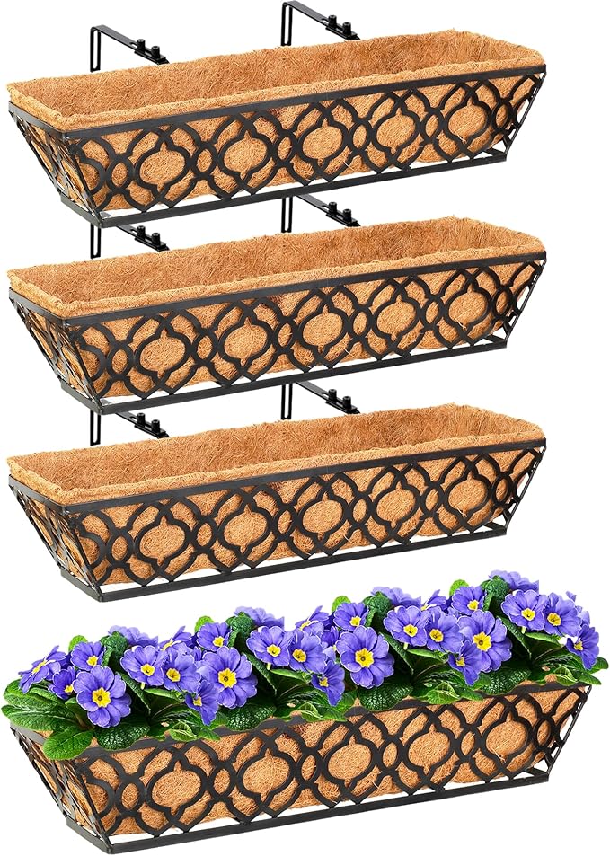4pcs 24 Inch Window Deck with Coco Liner, 24" Window Boxes Horse Trough with Coconut Coir Liner, Metal Hanging Flower Planter Window Basket Deck Railing Planter Boxes for Outdoor Indoor Lawn