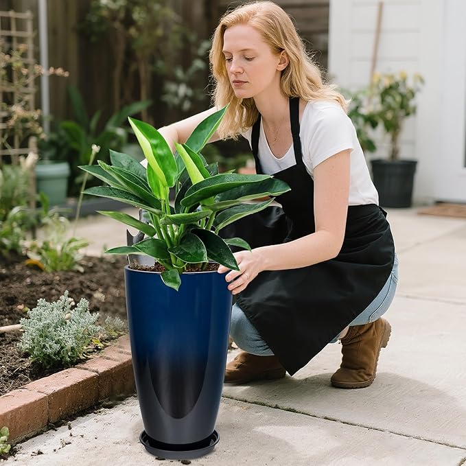24/21/12 Inch Large Plastic Planter, Lightweight Ceramic-Look Tall Planters with Drain Hole & Saucers, Tall Plastic Planters for Porch, Garden, Patio, Balcony(Dark Blue)