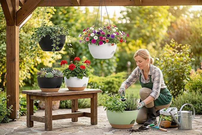 Hanging Planters 3-Pack, 8 Inch Self-Watering Hanging Pots with Drainage Hole and Chains, Plastic Planters for Indoor Outdoor（White）