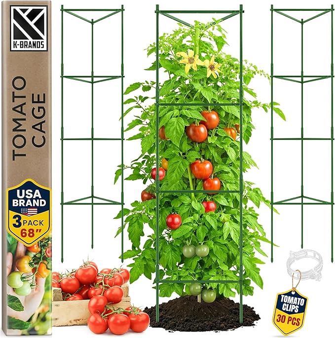 K-Brands Tomato Cage - Tomatoes Plant Stakes Support Cages Trellis for Garden and Pots (3 Pack - Extra Tall Upto 68 inches)