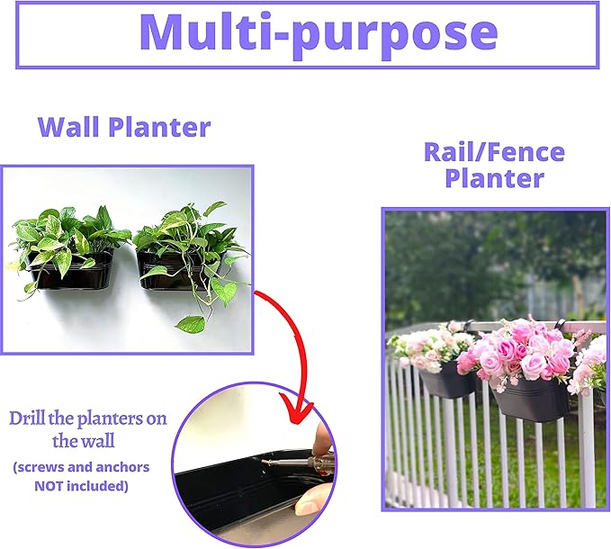 LaLaGreen Rail Planter Outdoor Plants (11.8 Inch, 2 Pack) Black Metal Iron Fence Hanging Flower Pots Deck Railings Buckets Countryside Boho Style Wall Mount Window Box Plant Holder Hooks Porch Decor
