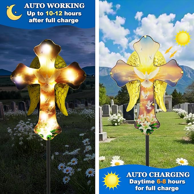 Solar White Dove Cross Garden lamp - Angel Wing Memorial Decoration, Waterproof Cemetery Solar Wooden Stake lamp for Easter, Courtyard, Yard - A Sympathetic Gift for Loved Ones.