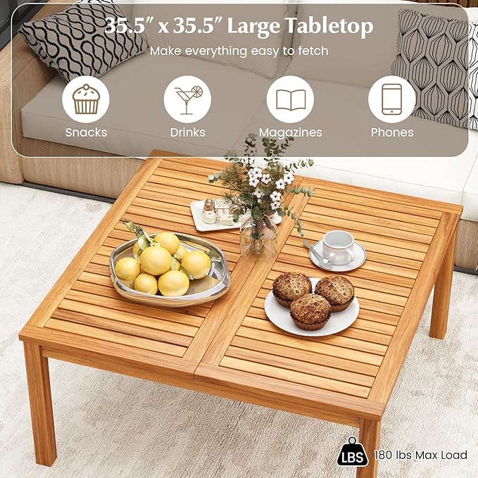 Tangkula Patio Wood Coffee Table, Solid Acacia Wood 35.5 Inches Side Table with Slatted Tabletop, Outdoor Square Table for Backyard, Porch, Balcony