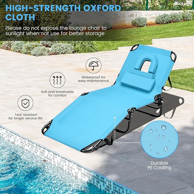 GYMAX Tanning Chair, 350lbs Beach Lounge Chair with Face Hole, Detachable Washable Pillow & Carry Strap, Adjustable Folding Chaise Lounge, Layout Chair for Outside, Patio, Poolside, Lawn (1, Arctic)