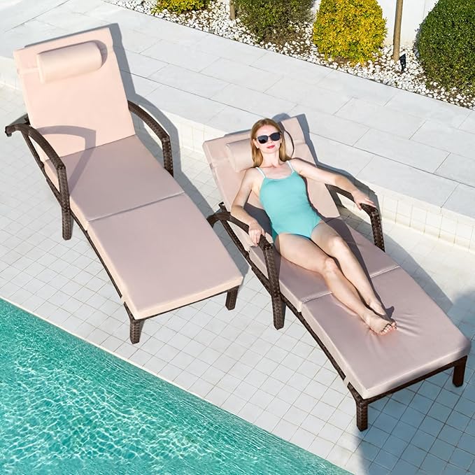 Chaise Lounge Chairs Outdoor Set of 2, Comfy Outside Wicker Patio Pool Lounge Chair w/ 5 Adjustable Back Angle, Cup Holder, Thicken Cushion
