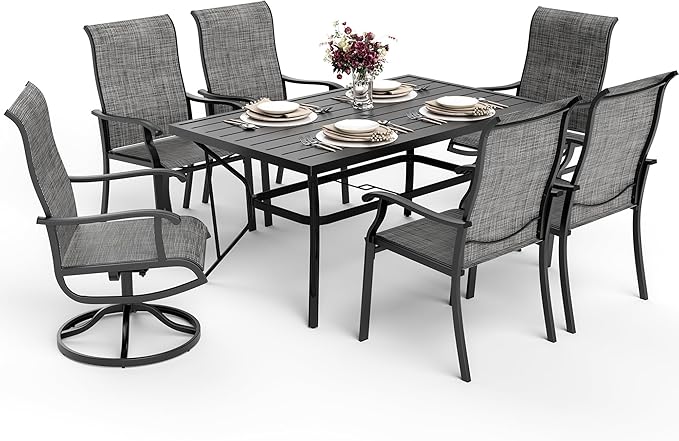 Pamapic 7-Piece Outdoor Dining Set, Patio Dining Set for 6, All-Weather Outdoor Patio Set with 2 Textilene Swivel Chairs & 4 Regular Chairs for Garden, Poolside, Deck，Gray