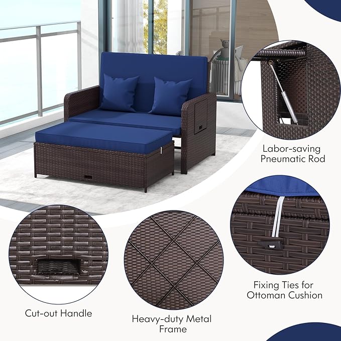 LDAILY Moccha Outdoor Daybed, Wicker Loveseat Sofa Set with 4-Postion Adjustable Backrest, Storage Ottoman, Cushions, Rattan Double Bed Lounger, Patio Furniture Set (Navy)
