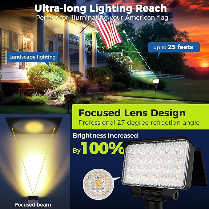 Solar Spot Lights Outdoor Waterproof for Flag, Tree, House, Garden, Yard, 3 Brightness Modes Solar Powered Landscape Spotlights 2 Pack Warm White