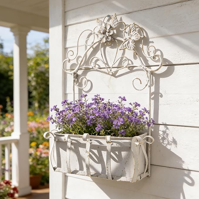 Rustic Metal Wall Planter Vintage Wall Mounted Flower Pot Farmhouse Distressed Wall Hanging Plant Basket with Floral & Butterfly Decor for Indoor Outdoor Garden Home Yard (White#2)