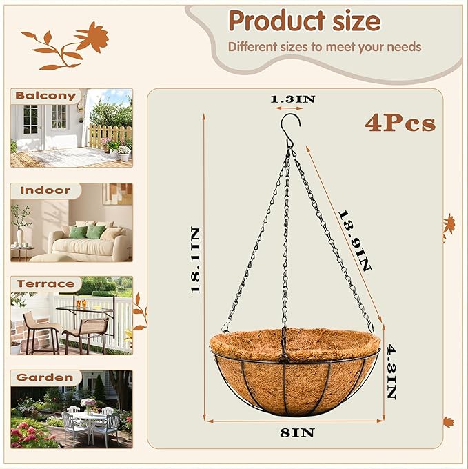 8 inch Metal Hanging Baskets For Plants Outdoor 4 Pack Round Metal Wire Hanging Basket Planter with Coco Fiber Liners Chain Round Wire Plant Holder for Garden, Patio, Deck, Porch Plants Flower Potss