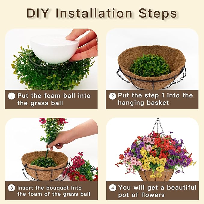Senjie 2 Set Artificial Hanging Flowers with Basket for Outdoor Decor, UV Resistant 24 Bundles Faux Flowers Fake Hanging Planter for Porch Patio Balcony