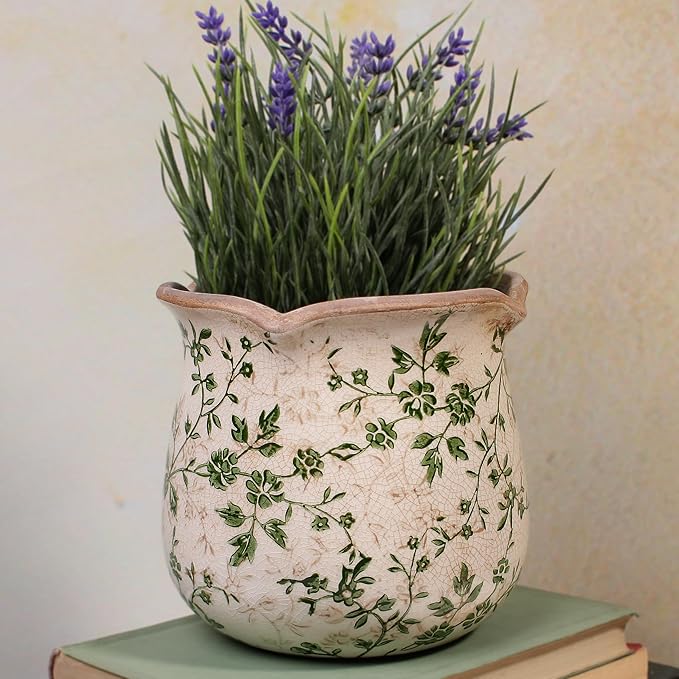 Vintage Ceramic 6.11'' Plant Pots, Decorative Vase for Indoor Garden, Room & Home Decor, Sage Beige