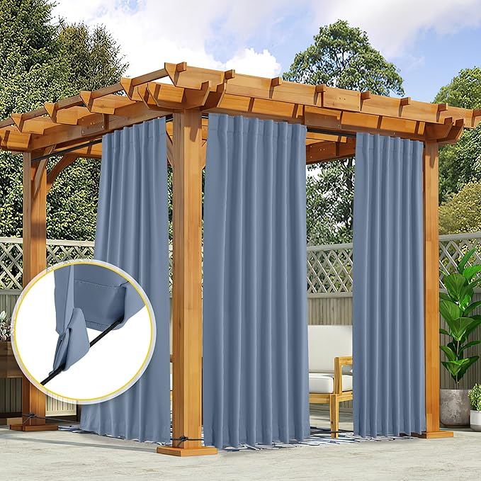 NICETOWN 2 Panels Outdoor Curtains Waterproof Pocket & Back Tab on Top & Bottom, Thermal Insulated Fixed Windproof Outdoor Drapes Privacy for Patio with Rope for Fixed, W52 x L95, Stone Blue