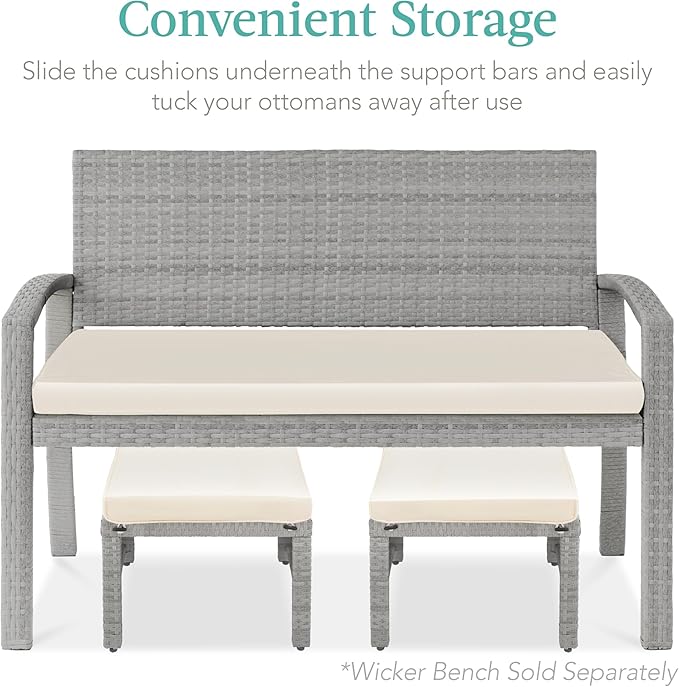 Best Choice Products Set of 2 Wicker Ottomans, Multipurpose Outdoor Furniture for Patio, Backyard, Additional Seating, Footrest, Side Table w/Removable Cushions, Steel Frame - Gray/Cream