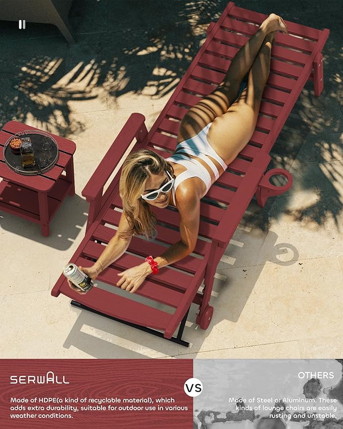 SERWALL Patio Chaise Lounge Chair, 78'' Long HDPE 5 Positions Adjustable Outdoor Lounger, Poly Lounge Chair with Rolling Wheels & Cup Holder for Pool, Dark Red