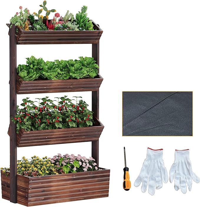 Vertical Wooden Raised Garden Bed Planters Wood Planter Kit Plant Stand Flower Rack Planter Box Gardening Plants Herbs Flowers Vegetables Outdoor Indoor Freestanding (Carbonized 4-Tier)