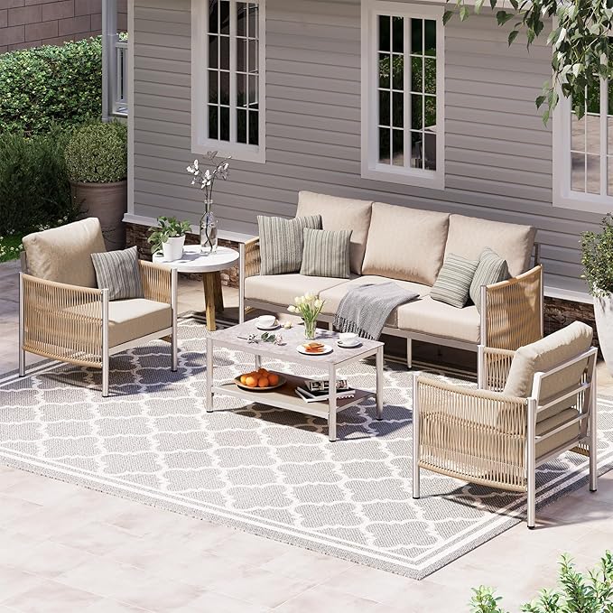 Aluminum Outdoor Patio Furniture Set with Dual-Layer Coffee Table, 4 Piece Modern Patio Conversation Sets with PE Rope, Outdoor Sectional Sofa with Thick Cushions for Balcony, Porch, Beige