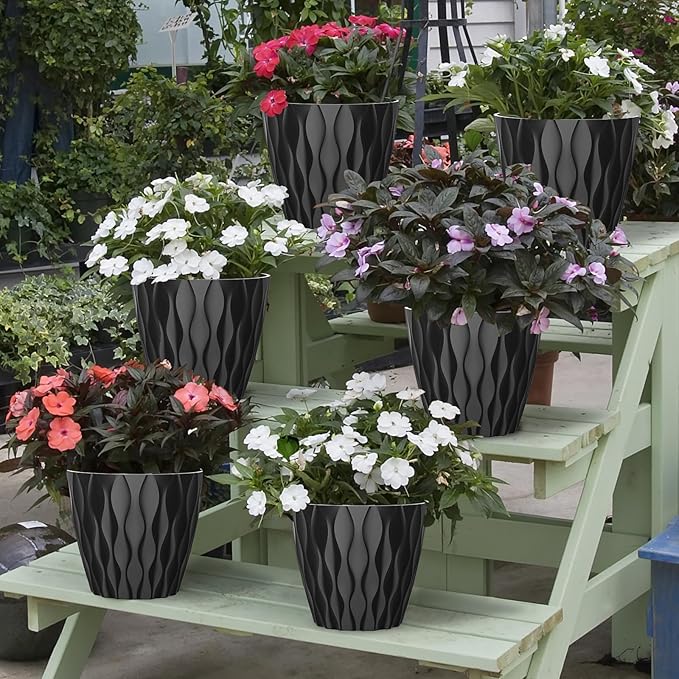6 Pack 7 Inch Indoor Plant Pots with Drainage Holes, Outdoor Plastic Decorative Flower Pots, Garden Planters with Tray Saucers for Orchids, Violets, Succulents, Herbs, and Other Plants