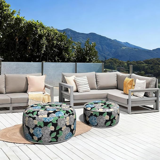 LVTXIII Outdoor Inflatable Ottoman, Fade-Resistant Round Footrest Stool D31”x H14”, Portable Patio Pouf for Garden Camping or Home Use, Peony Garden