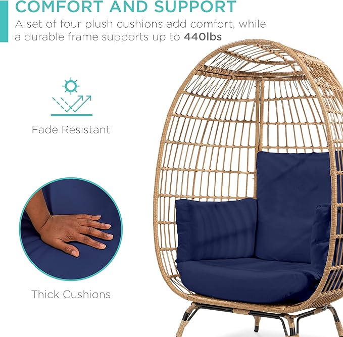 Best Choice Products Wicker Egg Chair, Oversized Indoor Outdoor Lounger for Patio, Backyard, Living Room w/ 4 Cushions, Steel Frame, 440lb Capacity - Navy