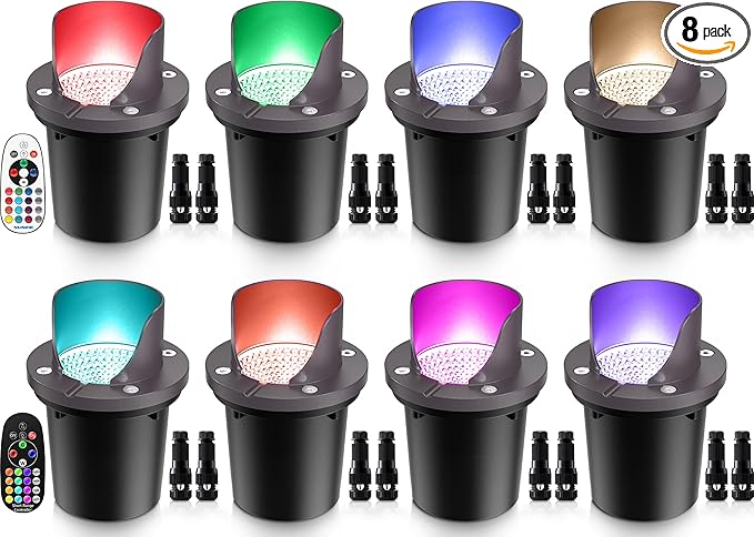 SUNVIE RGBW Low Voltage Landscape Lighting Color Changing 12W Waterproof Well Lights Landscape LED In Ground 12-24V Dimmable Paver Lights with Connectors for Pathway Garden Yard Fence Deck, 8 Pack
