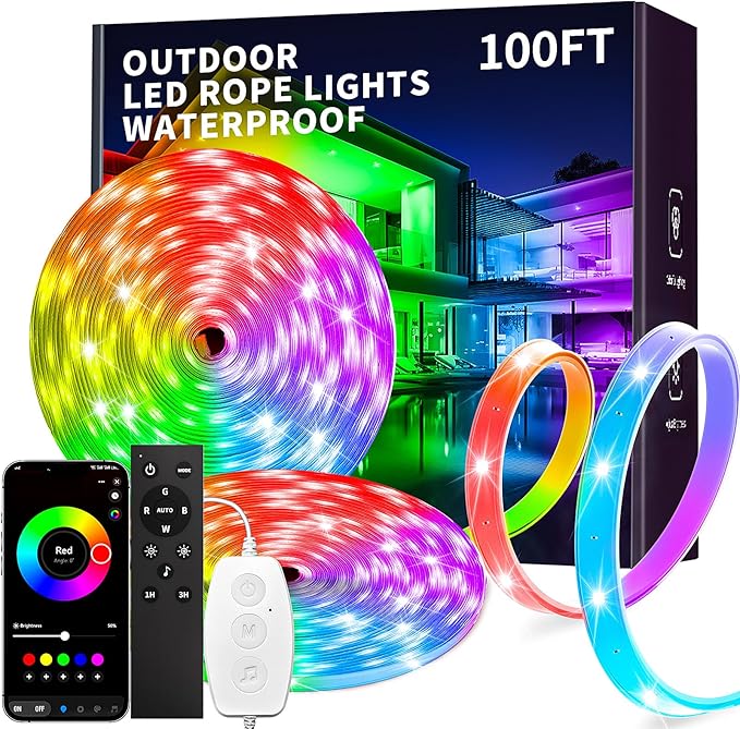 KSIPZE 100ft(2x50ft) Outdoor led Strip Lights Waterproof IP68, RGB Outdoor led Lights with Button & Bluetooth App Control, Music Sync, Timer, Exterior Led Rope Lights for Decor Balcony, Roof